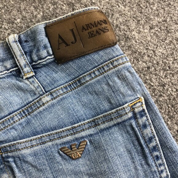 Armani J31 Jeans Mens 32x32 Blue Stretch Logo Emblem Straight Regular Fit Denim - Picture 13 of 15